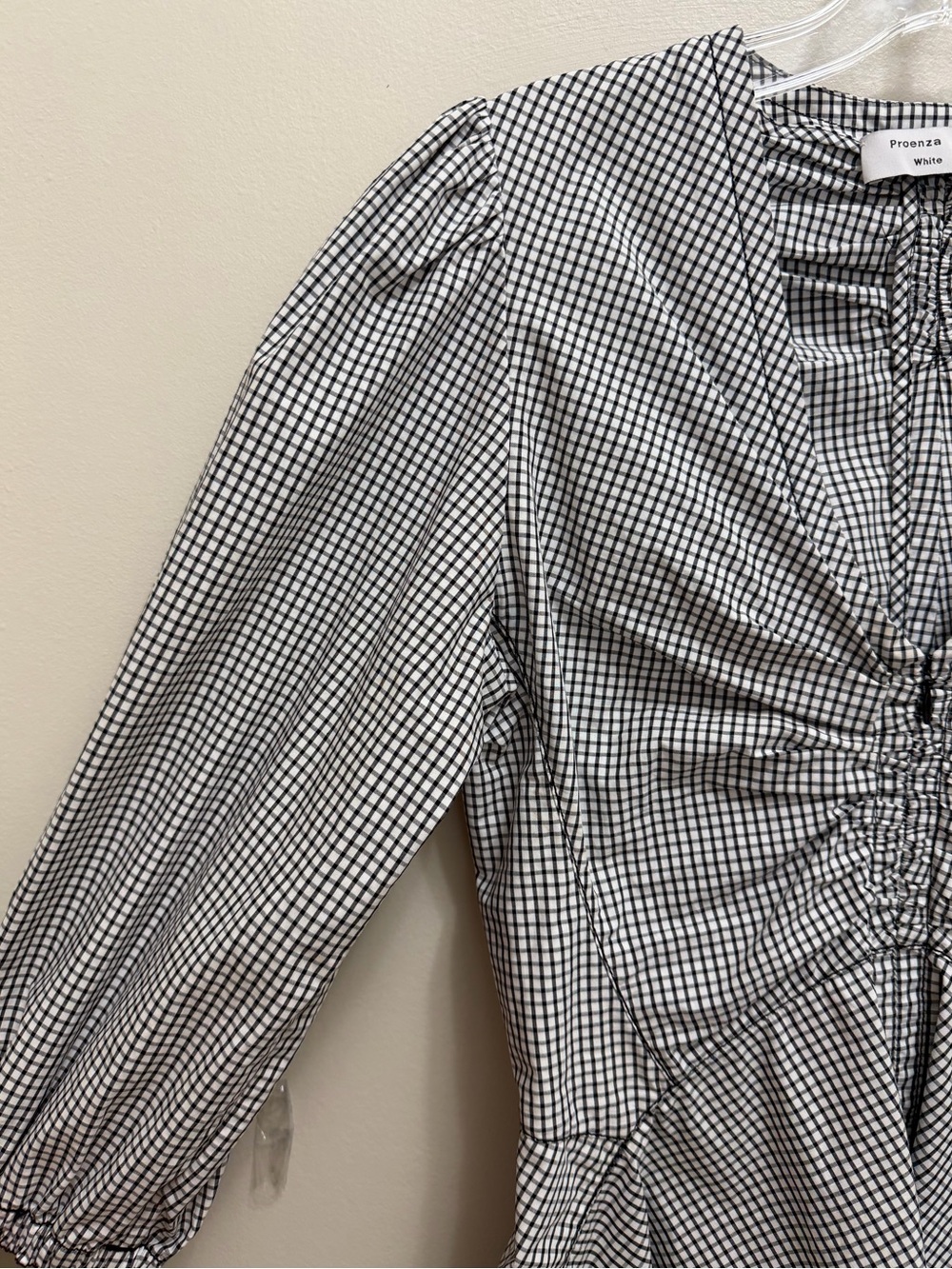 Proenza Schouler White Label Top Puff Sleeve  Handkerchief Hem Gingham Black - Picture 4 of 10